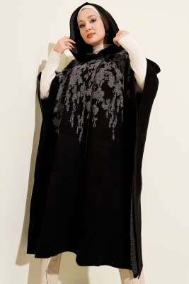 Çıtçıt Düğmeli Kapüşonlu Triko Panço Füme 