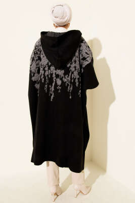 Çıtçıt Düğmeli Kapüşonlu Triko Panço Füme - Panço