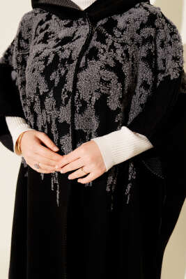 Çıtçıt Düğmeli Kapüşonlu Triko Panço Füme - Panço