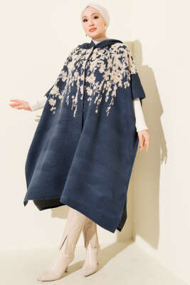 Çıtçıt Düğmeli Kapüşonlu Triko Panço İndigo - Panço