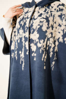 Çıtçıt Düğmeli Kapüşonlu Triko Panço İndigo - Panço