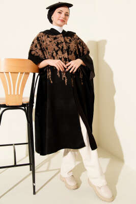 Çıtçıt Düğmeli Kapüşonlu Triko Panço Latte - Panço