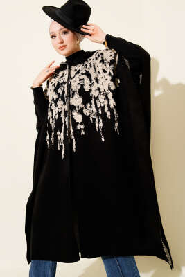 Çıtçıt Düğmeli Kapüşonlu Triko Panço Siyah - Panço