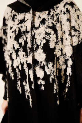 Çıtçıt Düğmeli Kapüşonlu Triko Panço Siyah - Panço