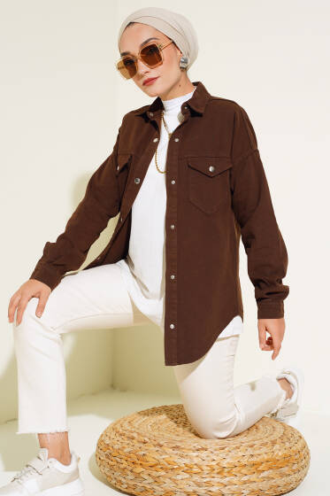 Çıtçıt Düğmeli Kot Ceket Acı Kahve - Ceket