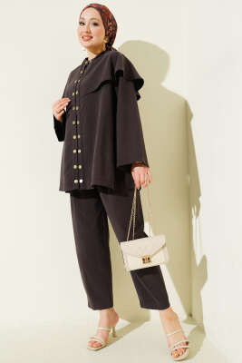 Çıtçıt Düğmeli Pelerinli Modal İkili Takım Acı Kahve 