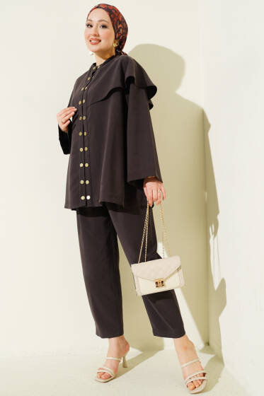 Çıtçıt Düğmeli Pelerinli Modal İkili Takım Acı Kahve - İkili Takım