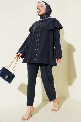 Çıtçıt Düğmeli Pelerinli Modal İkili Takım Lacivert 