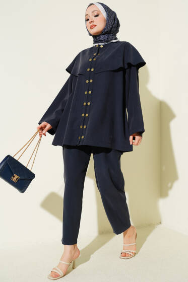 Çıtçıt Düğmeli Pelerinli Modal İkili Takım Lacivert - İkili Takım
