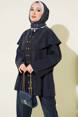 Çıtçıt Düğmeli Pelerinli Modal İkili Takım Lacivert - İkili Takım