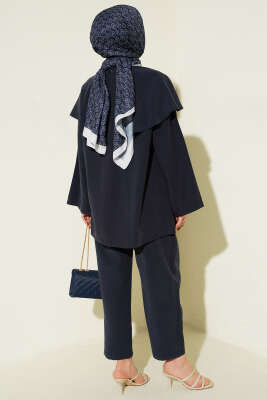 Çıtçıt Düğmeli Pelerinli Modal İkili Takım Lacivert - İkili Takım