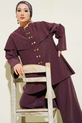 Çıtçıt Düğmeli Pelerinli Modal İkili Takım Mürdüm - HEWES