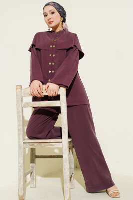 Çıtçıt Düğmeli Pelerinli Modal İkili Takım Mürdüm - İkili Takım