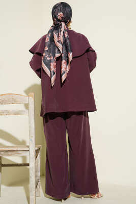 Çıtçıt Düğmeli Pelerinli Modal İkili Takım Mürdüm - İkili Takım