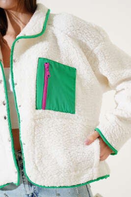 Çıtçıt Düğmeli Peluş Mont Ekru - Kadın Giyim Modelleri