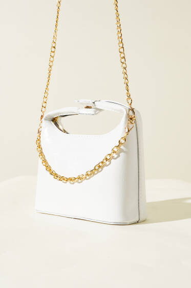 Çıtçıt Kulplu Zincir Askılı Rugan Çanta Beyaz - Kol Çantası