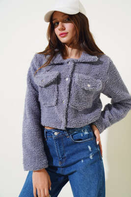 Çıtçıtlı Cepli Kısa Buklet Ceket Lila - Kadın Giyim Modelleri