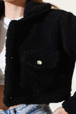 Çıtçıtlı Cepli Kısa Buklet Ceket Siyah - Kadın Giyim Modelleri