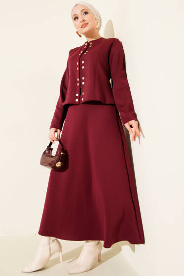 Çıtçıtlı Etekli Scuba İkili Takım Bordo - İkili Takım