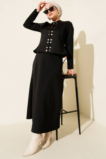 Çıtçıtlı Etekli Scuba İkili Takım Siyah - İkili Takım