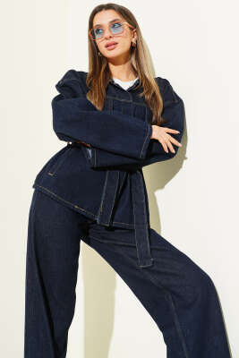 Çıtçıtlı Göğüs Cepli Kot İkili Takım Lacivert - Kadın Giyim Modelleri