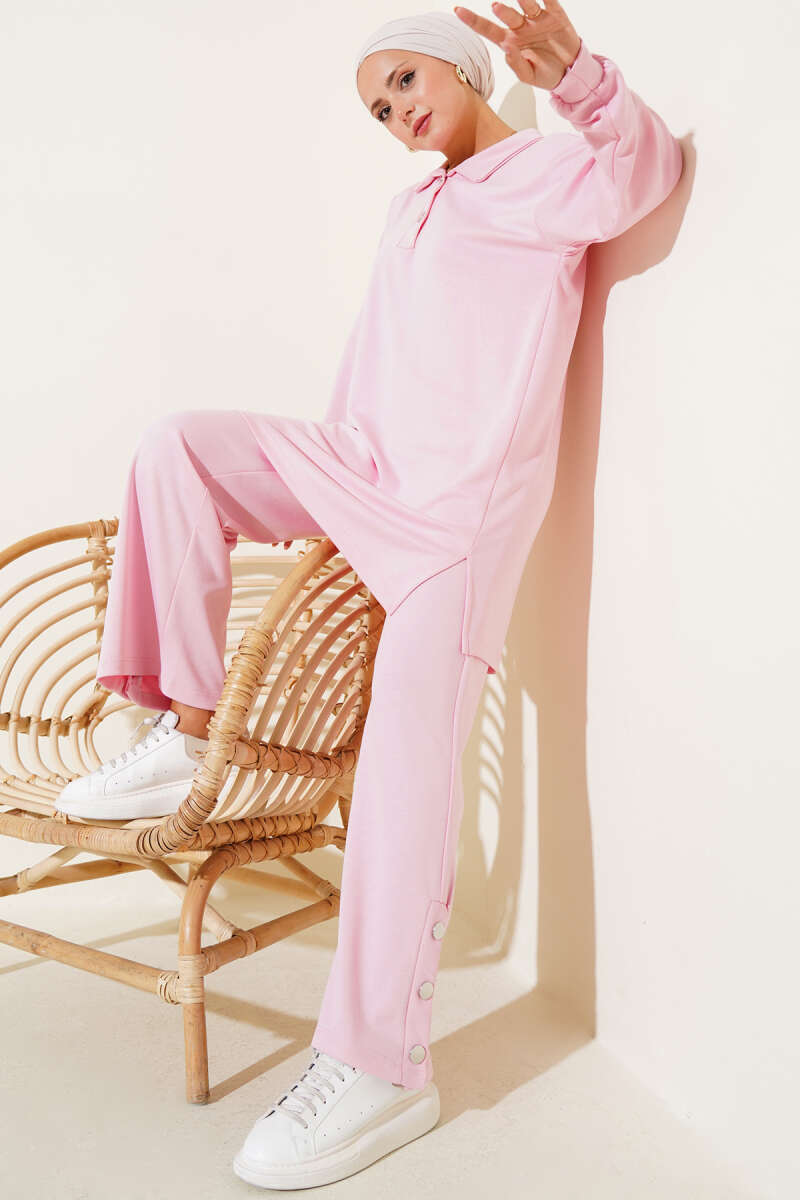 Çıtçıtlı Gömlek Yaka İkili Takım Pembe