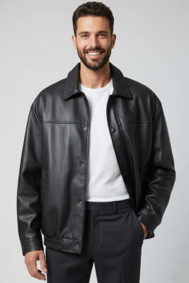Çıtçıtlı İçi Polarlı Erkek Deri Mont Siyah - BESSE