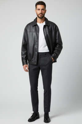 Çıtçıtlı İçi Polarlı Erkek Deri Mont Siyah - Erkek Mont