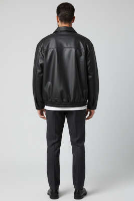 Çıtçıtlı İçi Polarlı Erkek Deri Mont Siyah - Erkek Mont