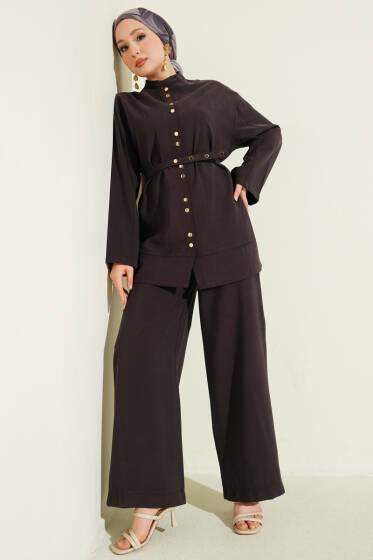 Çıtçıtlı İnce Kemerli Modal İkili Takım Acı Kahve - İkili Takım