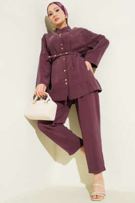 Çıtçıtlı İnce Kemerli Modal İkili Takım Mürdüm - HEWES