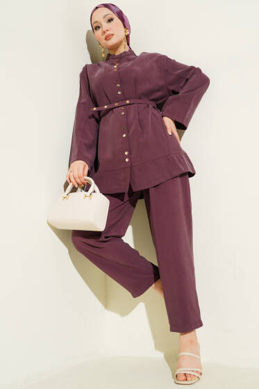 Çıtçıtlı İnce Kemerli Modal İkili Takım Mürdüm - İkili Takım