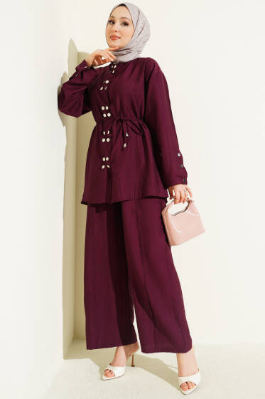 Çıtçıtlı İp Kuşaklı İkili Takım Bordo - İkili Takım