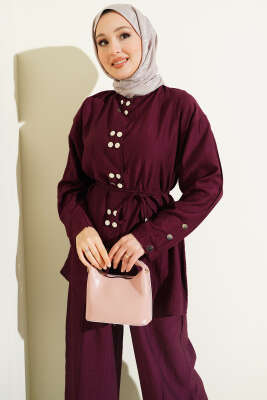 Çıtçıtlı İp Kuşaklı İkili Takım Bordo - İkili Takım