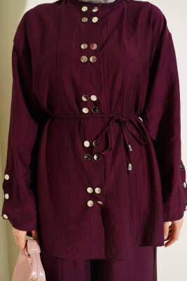 Çıtçıtlı İp Kuşaklı İkili Takım Bordo - İkili Takım