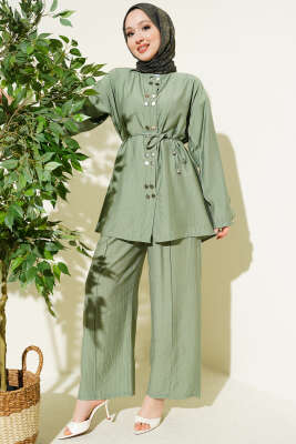 Çıtçıtlı İp Kuşaklı İkili Takım Çağla Yeşili - İkili Takım