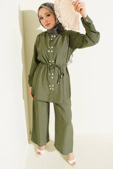 Çıtçıtlı İp Kuşaklı İkili Takım Haki - İkili Takım