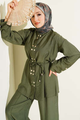 Çıtçıtlı İp Kuşaklı İkili Takım Haki - İkili Takım