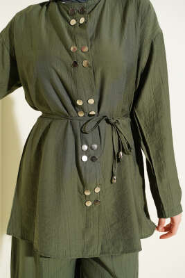 Çıtçıtlı İp Kuşaklı İkili Takım Haki - İkili Takım