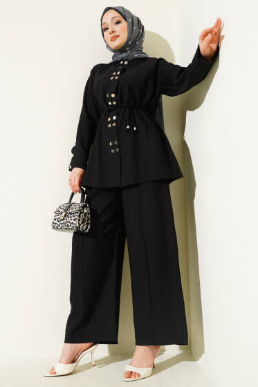 Çıtçıtlı İp Kuşaklı İkili Takım Siyah - İkili Takım