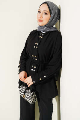 Çıtçıtlı İp Kuşaklı İkili Takım Siyah - İkili Takım