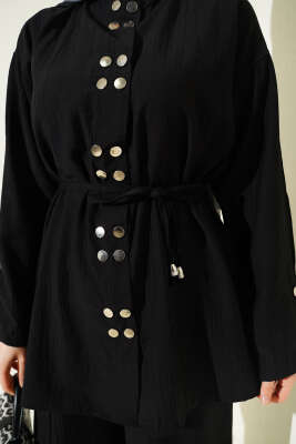 Çıtçıtlı İp Kuşaklı İkili Takım Siyah - İkili Takım