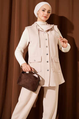 Çıtçıtlı Kapüşonlu Scuba Yelek Takım Bej - İkili Takım