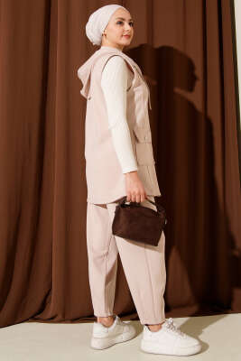 Çıtçıtlı Kapüşonlu Scuba Yelek Takım Bej - İkili Takım