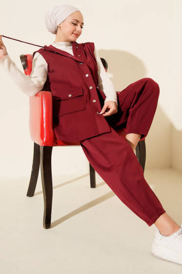 Çıtçıtlı Kapüşonlu Scuba Yelek Takım Bordo - İkili Takım