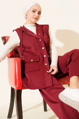 Çıtçıtlı Kapüşonlu Scuba Yelek Takım Bordo - İkili Takım