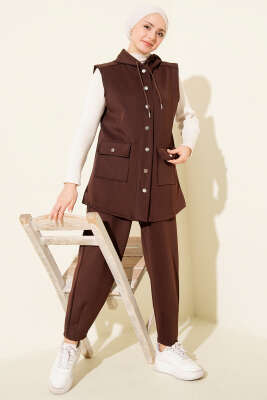 Çıtçıtlı Kapüşonlu Scuba Yelek Takım Kahve - HBS