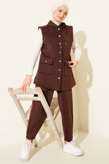 Çıtçıtlı Kapüşonlu Scuba Yelek Takım Kahve - İkili Takım
