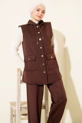 Çıtçıtlı Kapüşonlu Scuba Yelek Takım Kahve - İkili Takım