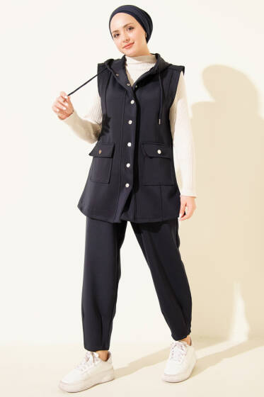 Çıtçıtlı Kapüşonlu Scuba Yelek Takım Lacivert - İkili Takım